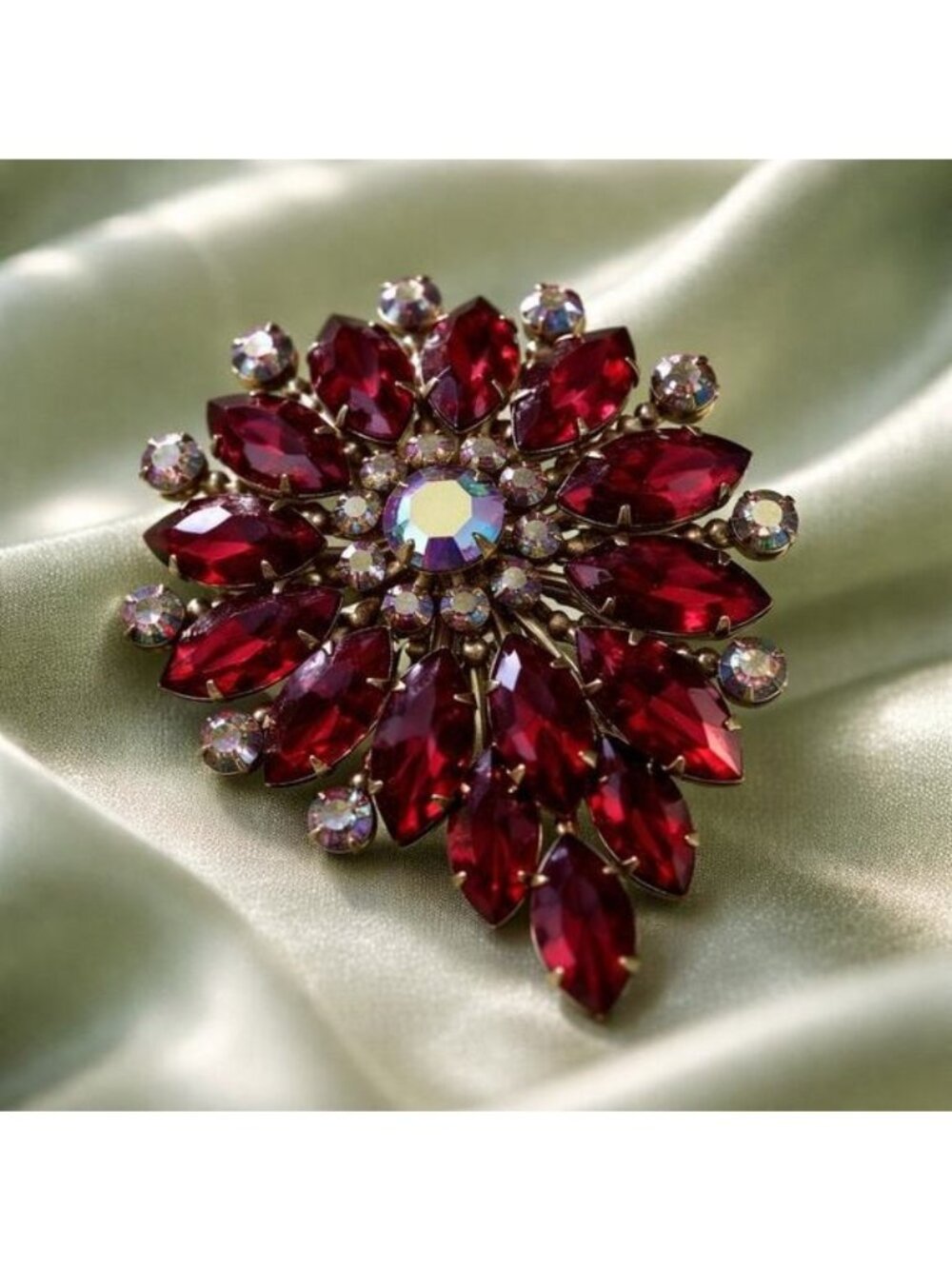 Red Rhinestone Flower Brooch Crystal Statement Gold-Tone Base Jewelry Vintage